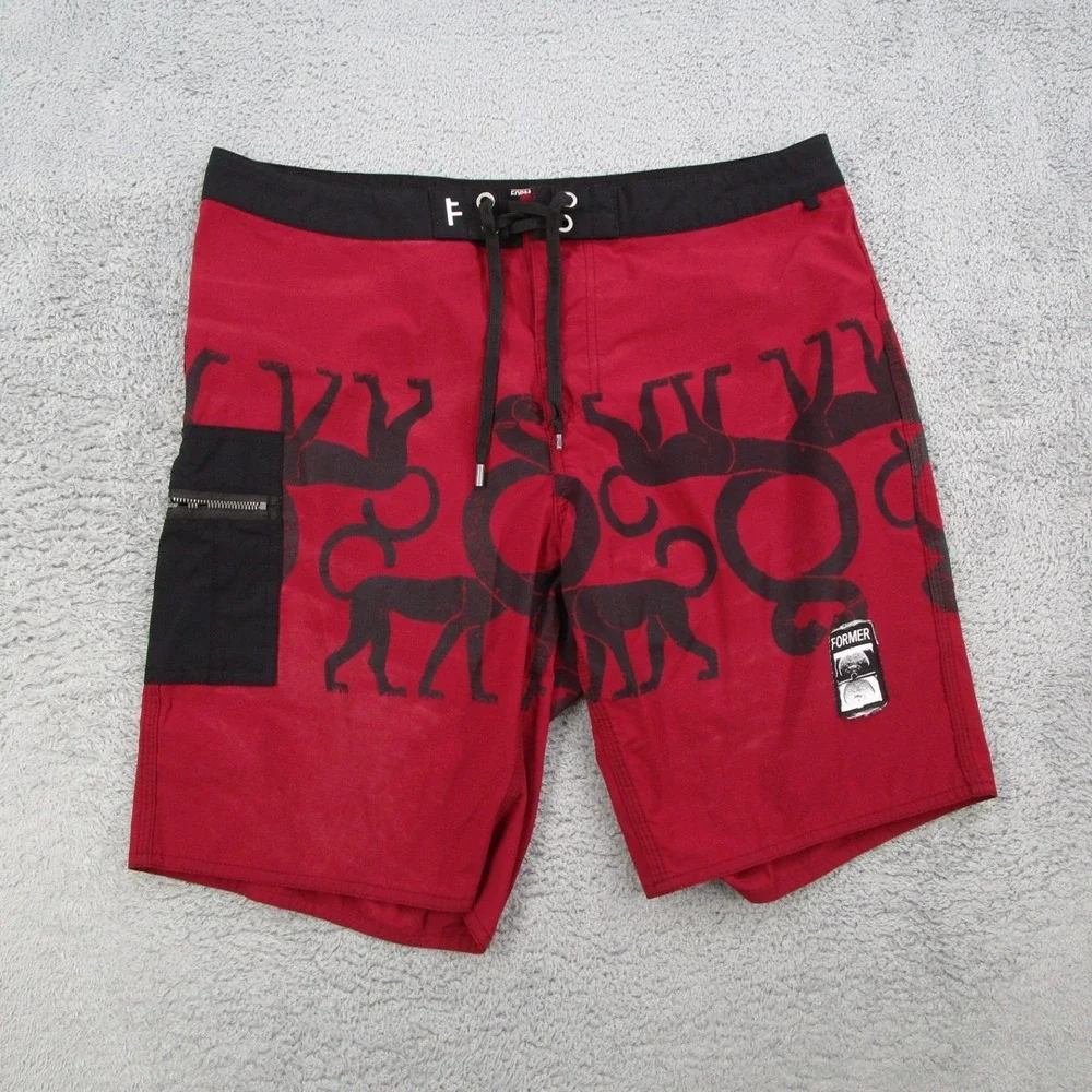 Former Dane Reynolds Board Shorts Mens 34 Red Monkey Print Swim Trunks Ripstop